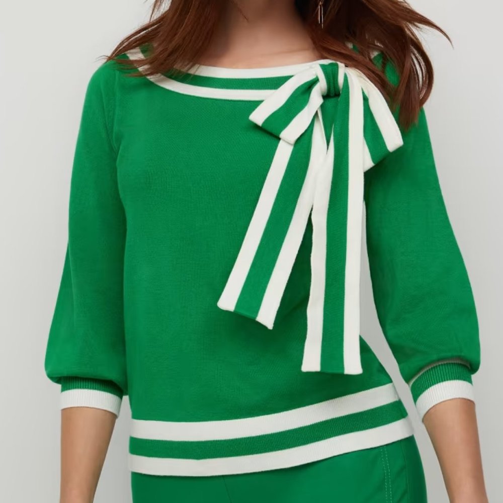 Stripe-Trim Bow-Shoulder Sweater - Picture 1 of 6